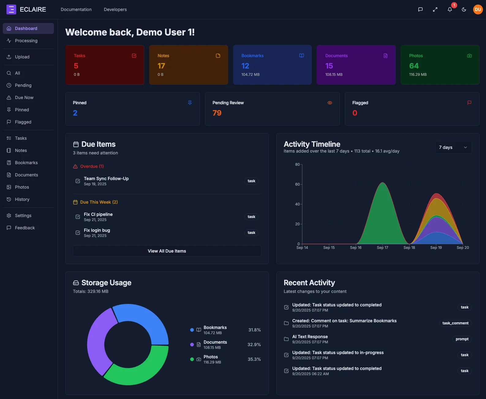 Eclaire dashboard view in dark mode