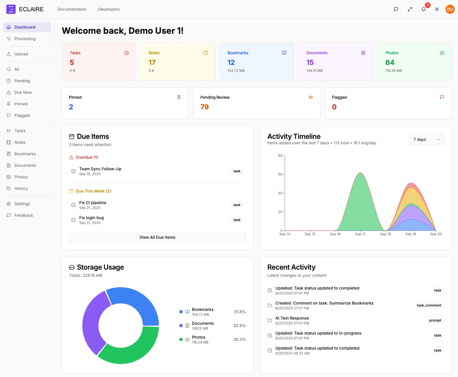 Eclaire dashboard view in light mode
