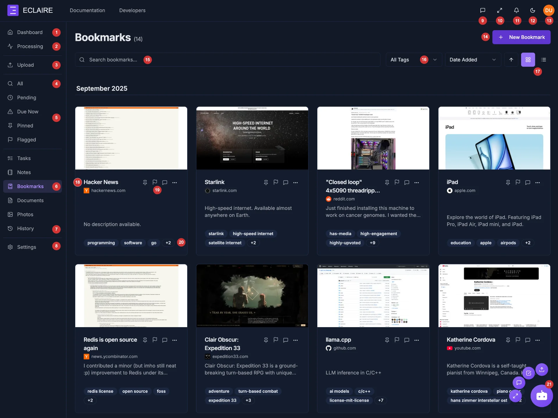 Main Eclaire interface in dark mode with numbered callouts