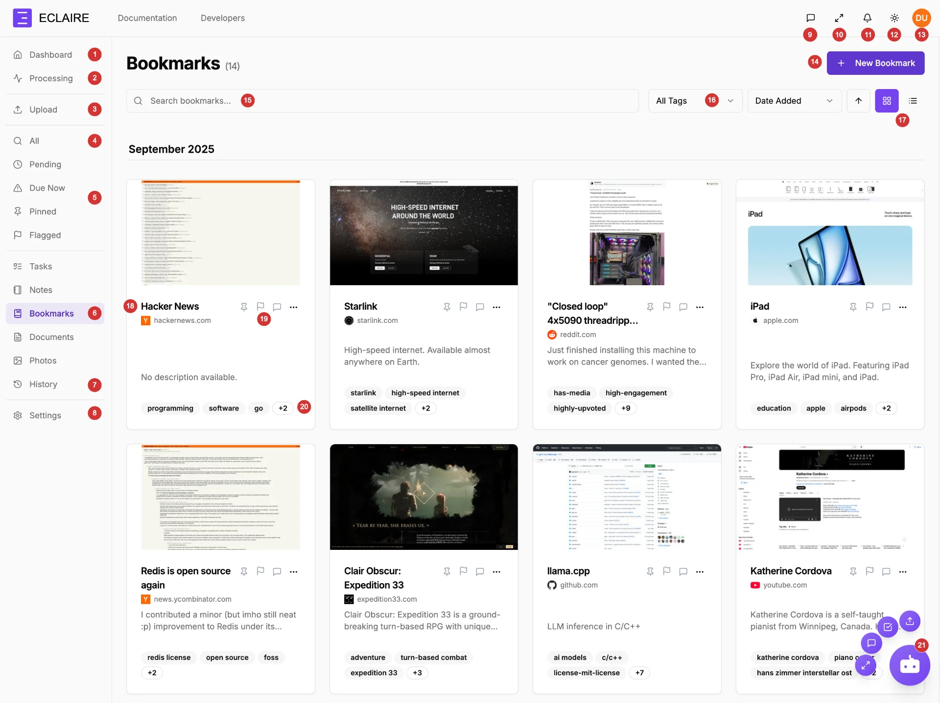 Main Eclaire interface in light mode with numbered callouts