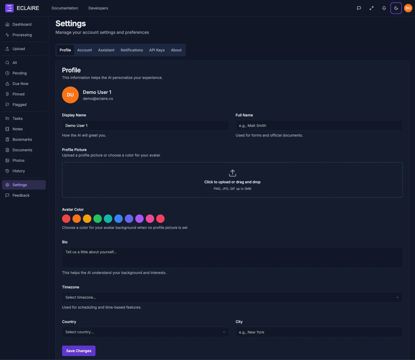 Settings view in dark mode highlighting configuration options